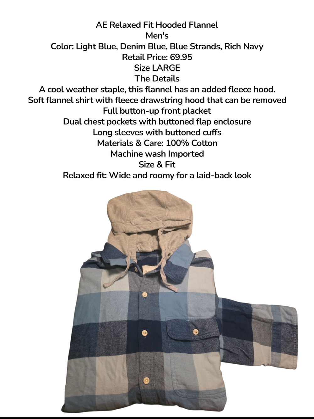 AE American Eagle Relaxed Fit Hoodie Flannel Men's XL XLARGE EUC